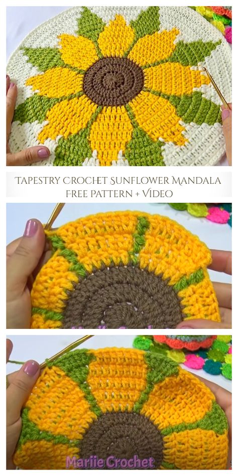 Tapestry Crochet Sunflower Mandala Free Pattern + Video - DIY Magazine Sunflower Tapestry, Sunflower Mandala, Crochet Placemats, Crochet Mandala Pattern, Crochet Wall Hangings, Tapestry Crochet Patterns, Crochet Sunflower, Pola Sulam, Embroidery Flowers Pattern