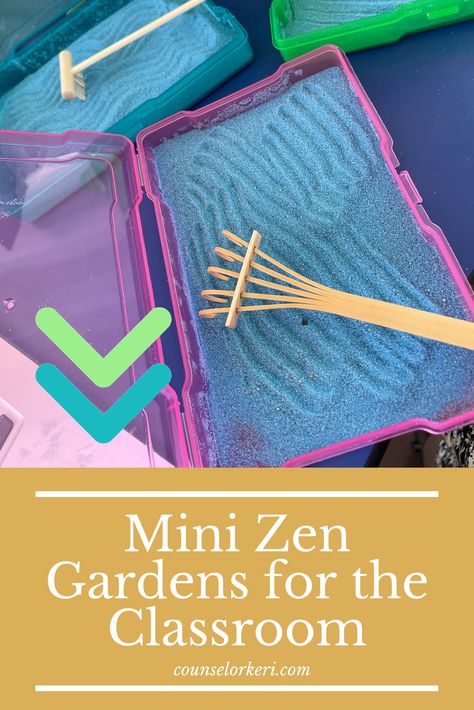 Looking for an easy to make calm corner activity? Set up these quick mini zen gardens for your students to use in the classroom or counseling. Great for school counseling calming activity or calm corner tools. Use these for coping skills and calming strategies in the classroom or in school counseling. Calm Down Kit, Calm Corner, Calm Classroom, School Counselor Office, Space Classroom, Elementary School Counselor, Calming Corner, Mini Zen Garden, Sped Classroom