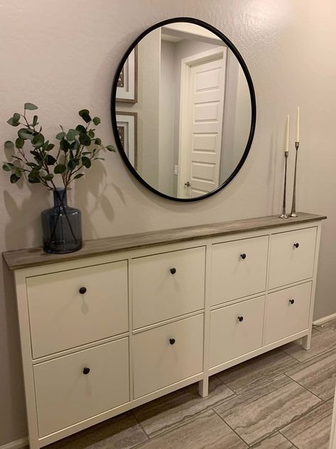 For Our Narrow Entryway, We Combined Two IKEA Hemnes Shoe Cabinets And Replaced The Original Tops With A Stained Wood Top. I Am So Happy With How This Hack Turned Out! Ikea Hemnes Shoe Cabinet, Hemnes Shoe Cabinet, Ikea Shoe Cabinet, Hiasan Dalaman Rumah, Ikea Desk Hack, Ikea Shoe, Shoes Cabinet, Narrow Entryway, Hal Decor