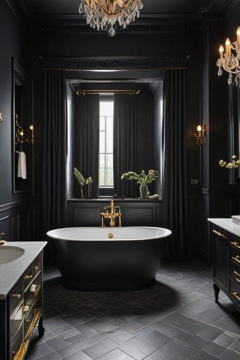 Moody Bathroom Tadelakt Plaster, Popular Bathroom Colors, Moody Bathroom, Gothic Bathroom, Black Bathroom Decor, Black White Bathrooms, Bathroom Accents, Bathroom Color Schemes, The World Of Interiors