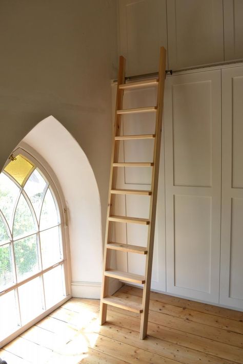 Closet With Stairs, Wardrobe With Ladder, Closet With Ladder, Wardrobe Ladder, Ladder Wardrobe, Wardrobe Stairs, Converted Chapel, Treehouse Bedroom, Storage Stairs