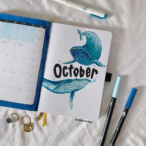 Bullet Journal Month Cover, Blue Whale Shark, Aesthetic Bujo, Slam Book, Whale Theme, Bullet Journal Month, Bullet Journel, Bullet Journal Ideas Templates, Intimate Space