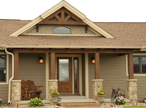 Color! Accent shingle peak.... Front porch with timber posts and accents www.JGDevelopment.com Gable Addition, Brown Houses, Manufactured Home Porch, Desert Farmhouse, Front Porch Addition, Porch Plans, Porch Addition, Building A Porch, Porch Colors