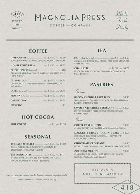 Magnolia Press Menu | Magnolia Magnolia Press, Silos Baking Co, Cafe Menu Design, Mobile Coffee Shop, Coffee Shop Menu, Chip And Jo, Tea Logo, Street Coffee, Fall Menu