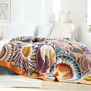 VANJOROY Double-sided Luxury Bohemian Sofa Bed Large Throw Blanket,100% Pure Organic Cotton Woven Colorful Throw for Armchair, Sofa and Bed. (150×200CM(60×80In)) Cotton Gauze Blanket, Mandala Blanket, Boho Throw Blanket, Gauze Blanket, Bohemian Blanket, Unique Yarn, Boho Throws, Cama Queen, Plaid Throw