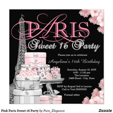 Pink Paris Sweet 16 Party Card Paris Sweet 16 birthday party invitation with beautiful silver Eiffel Tower, elegant Paris gift packages, silver glitter high heel shoes and fancy pink Paris script on a rich pink floral background. This beautiful Paris sweet sixteen birthday invitation is easily customized for your event by simply adding your details in the font style and color, and wording of your choice. Pink Paris Birthday Party, Paris Sweet 16, Paris Birthday Party, Pink Floral Background, Sweet 16 Party Invitations, Sweet Sixteen Birthday Invitations, Paris Birthday Parties, Paris Gifts, Sweet 16 Party