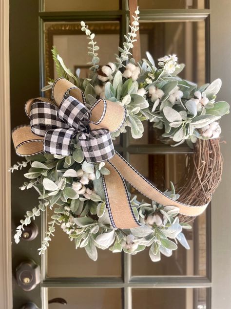 Farmhouse Wreath for Front Door, Lambs Ear Cotton Wreath, Transitional Wreath, All Season Wreath, Year Long, Every Day, Buffalo Plaid - Etsy Country Farmhouse Wreath, All Year Wreath, Spring Wreaths For Front Door Farmhouse, Diy Wreaths For Front Door All Year, Wreaths With Bows, Farmhouse Wreaths For Front Door, Everyday Wreaths For Front Door, Farmhouse Florals, Farmhouse Door Wreath