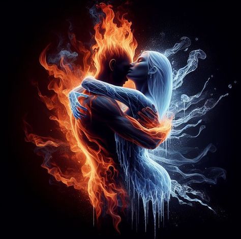 Fire Guy Art, Fire And Water Couple, Lovers Illustration Art, Fire And Ice Tattoo, Fire And Water Art, Wallpaper For Lovers, Twin Flame Art, Water And Fire, Fire And Water