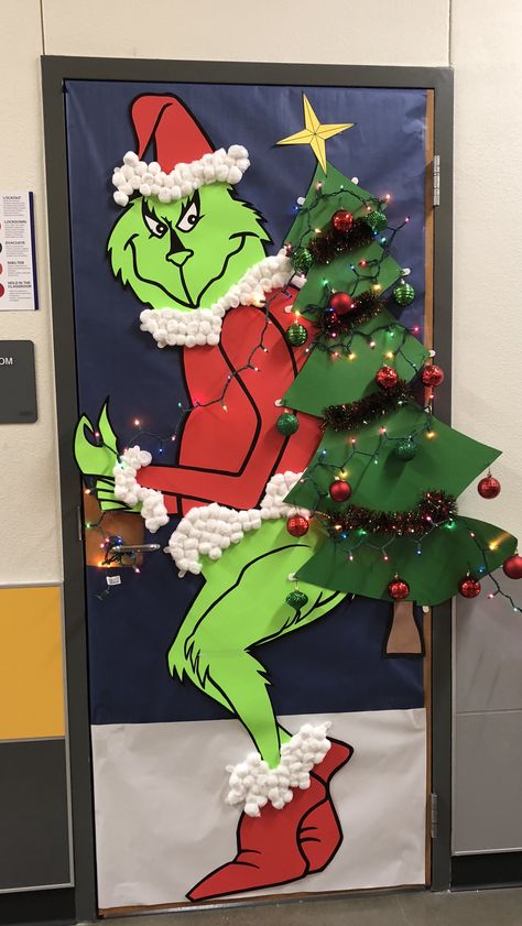 Holiday Door Contest Decorating Ideas, The Grinch Christmas Door Ideas, Door Decorations Holiday, Fleece Navidad Door Decoration, Door Contest Ideas For Christmas, Christmas Door Grinch Decorations, Decorated Christmas Doors At Work, Office Christmas Door Contest Grinch, Christmas Decor Door Ideas School