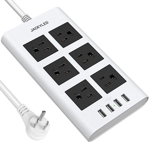 10 Ft Power Strip Surge Protector, JACKYLED 15A 14 AWG Flat Plug Long Extension Cord with 6 Wide Outlets 4 USB Ports, Fireproof Desktop Charger for Phone Laptop Home Office Dorm Hotel RV Travel, White Vanessa Gonzalez, Travel White, Long Extensions, Outlet Extender, Power Bars, Charger Station, Surge Protector, Extension Cord, Electrical Outlets