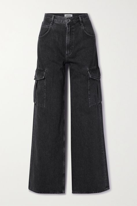 AGOLDE's 'Minka' jeans are made from black denim that's blended with 20% preconsumer recycled cotton and subtly faded along the seams for a lived-in look. They're designed with cargo pockets along the wide legs and have a high-rise waist. Wear yours with anything from a collared shirt to a chunky sweater. Celana Kargo, Designer Denim Jacket, Black Denim Pants, Black Jeans Outfit, Cute Pants, Black Cargo Pants, Jeans Cargo, Cargo Jeans, Wide Legs