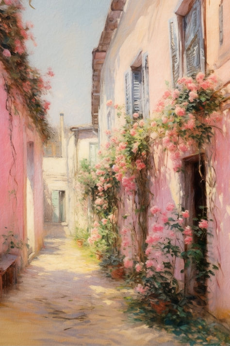 A vintage painting of a european alleyway with flowers growing up the sides of the walls. Vintage Pastel Aesthetic, Cute Flower Drawing, Flowers Growing, Artsy Aesthetic, Pastel Poster, Italy Wall Art, Watercolor Paintings For Beginners, Flower Art Drawing, Pink Painting