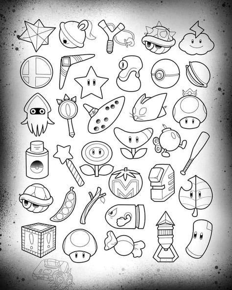 Nintendo Tattoo Ideas Small, Gamer Flash Tattoo, Super Mario Flash Tattoo, Video Game Tattoo Flash, Tattoo Flash Art Simple Easy, Nerdy Flash Tattoo, Gaming Flash Tattoo, Mario Flash Tattoo, Nintendo Flash Tattoo