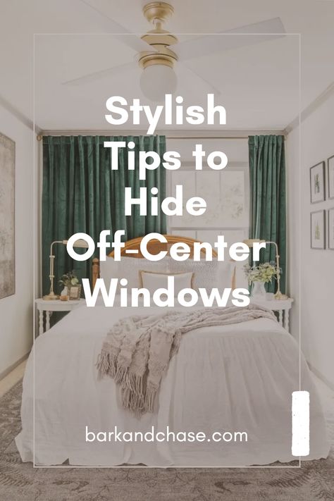 Explore stylish tips on how to hide off-center windows in your bedroom using creative decor ideas. This pin features practical solutions to balance your space while enhancing your home decor. Full Wall Of Curtains Behind Bed, Fake Window In Bedroom, Cover A Window With Art, King Bed Off Center Window, Off Center Window Behind Bed Ideas Master Bedrooms, Window Behind Master Bed, Bay Window Behind Bed, Offset Window In Bedroom, Draped Wall Bedroom