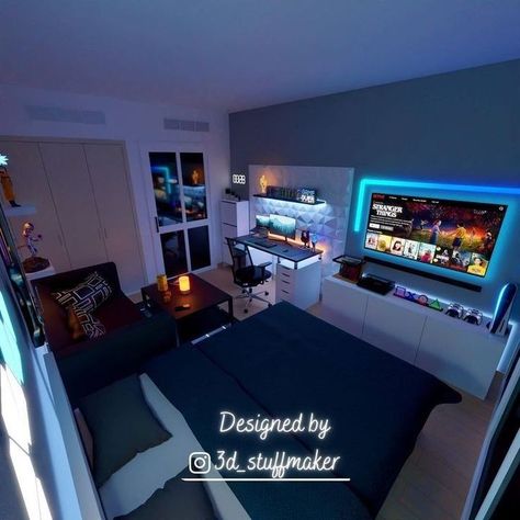 Pc Bedroom Ideas, Room Ideas For Men Bedroom Gaming, Room Ideas With Pc Setup, Living Room Designs Gamer, Mens Gaming Bedroom, Modern Mens Room Bedroom Ideas, Male Gamer Room, Simple Gaming Bedroom, Couples Cave Ideas