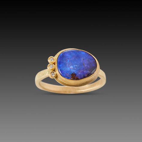 Ring With Three Diamonds, Boulder Opal Jewelry, Opal And Sapphire Ring, Five Golden Rings, Boulder Opal Ring, Bezel Jewelry, Golden Rings, Hammered Band, Australian Boulder Opal