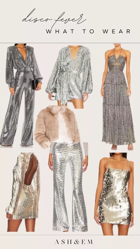 Studio 54 - what to wear. Disco party silver dress silver jumpsuit #LTKstyletip Disco Theme Party Outfit, Studio 54 Party Outfits, Disco Inspired Outfits, Disco Party Outfit Ideas, 70s Disco Party Outfit, Dance Party Outfit, 70s Party Outfit, Studio 54 Outfits, 70s Disco Outfit