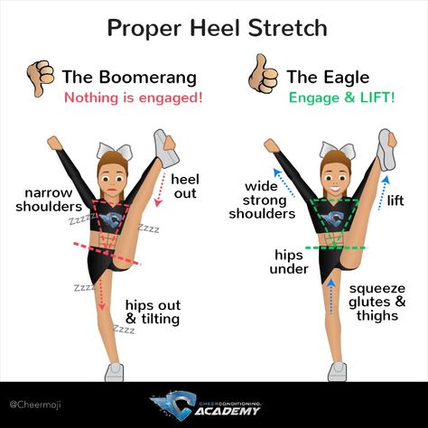 Cheerleaders: a boomerang is not a cheer shape! Work on the progression of your heel stretch with correct muscle engagement and technique to stay more stable in the air! #CheerTipTuesday #BodyBeforeSkill   #CheerTips #CheerTipTuesday #Cheerleading #Cheer #CheerStunts #CheerTeam #Cheerleaders How To Do Heel Stretch, How To Get Heel Stretch, Stretches For Heel Stretch, How To Memorize Cheers, Cheer Workouts At The Gym, How To Get Your Heel Stretch, How To Do Cheer Stunts, Cheer Flyer Drills, Heel Stretch Cheerleading