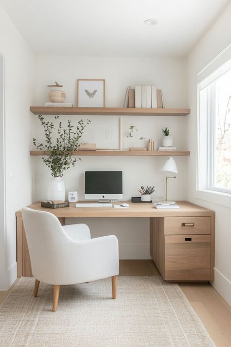 Try these simple Scandinavian decor ideas to give your home a real hygge feel. Work Room Ideas Home, Desk Next To Window, Home Office Ideas Aesthetic, Office Interior Design Simple, Two Monitor Desk Setup Office, Work From Home Set Up, Neutral Study, Small Home Office Ideas For Women, Home Office Layout Ideas