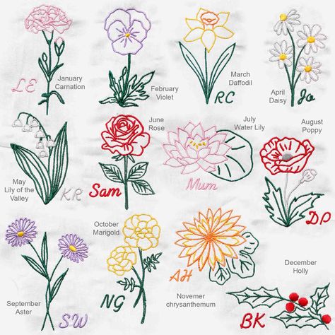 Birth Month Flower Gift Ideas, Birth Flowers Embroidery, Embroidered Birth Flowers, Aster Embroidery Pattern, Embroidery Birth Flowers, Aster Flower Embroidery, Birth Month Flower Embroidery, Aster Embroidery, Birth Flower Embroidery