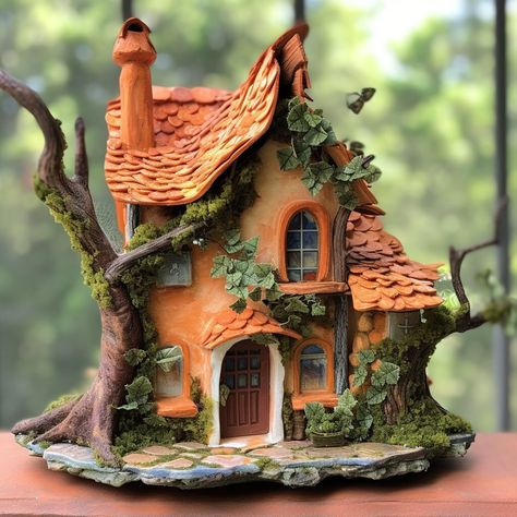 The intricate sculpting and painting on these clay houses create a realistic and lifelike appearance. Loft Houses, House Sculpture, Tiny Garden Ideas, Fairy House Crafts, Magical House, Clay House, Clay Fairy House, Pumpkin House, Pottery Houses