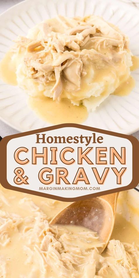 This chicken and gravy recipe is a southern classic comfort food! It's easy to make, and we love to serve it over mashed potatoes, noodles, rice, or biscuits. It's SO good--the type of old-fashioned meal your grandma would've made! Chicken Gravy Biscuits, Chicken In Gravy Over Mashed Potatoes, Gravy Meals Dinners, Biscuits And Gravy Chicken, Southern Chicken And Gravy Recipes, Homestyle Chicken And Gravy, Chicken And Noodles With Gravy, Leftover Chicken Gravy Recipes, Chicken Gravy And Biscuits Easy