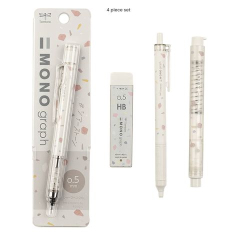 Tombow Mono Graph Terrazzo 4 Piece Set, Ash Gray Dress Up Your Desktop With This Limited-Edition Stationery Set! Tombow Mono Graph Terrazzo 4 Piece Set, Ash Gray - Add a dash of flair to your writing desk with Tombow's new limited-edition Terrazzo Stationery Set! This set includes a ballpoint pen, mechanical pencil, 0.5 HB refill case with 40 leads, and a pen-style eraser featuring the Terrazzo design. The black ballpoint pen delivers smooth writing with a fine point, and the pencil has a fun-to Stick Eraser, School Core, Mechanical Pen, Studying Stationary, Pretty School Supplies, Shein Finds, Stationery Obsession, Cute Stationary School Supplies, Terrazzo Design