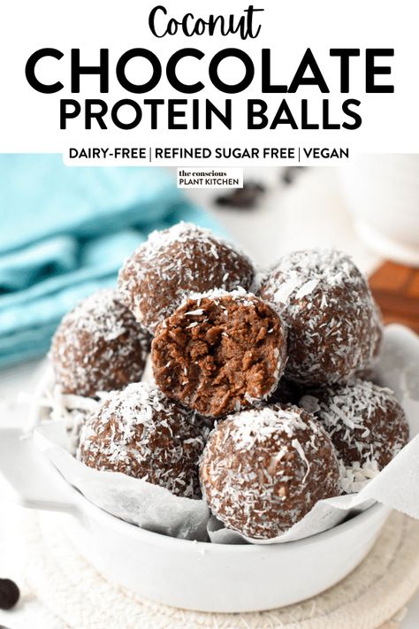 Coconut Protein Balls, Easy Protein Snacks, High Protein Snack Recipes, Healthy Protein Desserts, Conscious Plant Kitchen, Chocolate Protein Balls, Snack To Make, Vegan Protein Recipes, Protein Balls Recipes