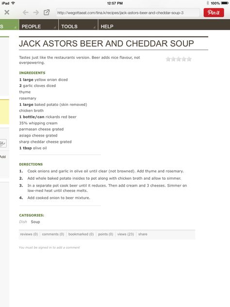 Beer and cheddar soup Jack Astors Beer And Cheddar Soup, Beer And Cheddar Soup, Beer Cheddar Soup, Beer Soup, Potato Skin, Things To Do At Home, Cheddar Soup, Appetizer Salads, Pot Meals