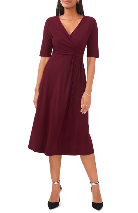 Chaus Faux Wrap Midi Dress available at #Nordstrom Wrap Dress Winter, Pear Shaped Dresses, Dresses For Apple Shape, Petite Midi Dress, Midi Dress Fall, Apple Dress, Midi Dress Style, Draped Skirt, Wrap Midi Dress