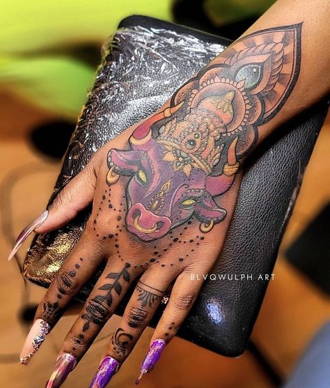 Taurus Tattoo Hand, Pretty Bull Tattoo, Taurus Hand Tattoos For Women, Taurus Woman Tattoo, Taurus Hand Tattoo, Taurus Bull Tattoos For Women, Taurus Tattoo For Women, Taurus Tattoo Ideas, Neck Tattoo Cover Up