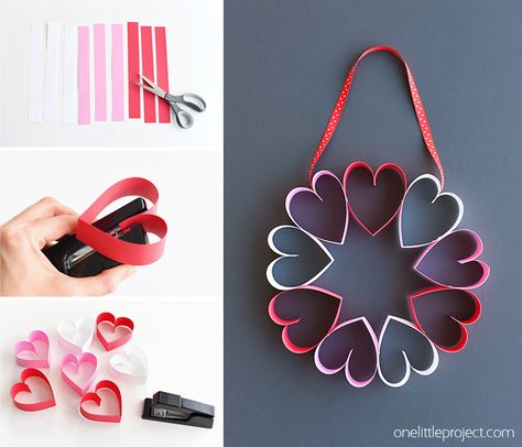 This stapled paper heart wreath is such a fun and EASY Valentine's Day craft to make with the kids! It's a great little wreath to hang on a bedroom door (or school classroom door?) and it makes a super cute and simple Valentine's decoration! Hanging Hearts Decoration, Paper Heart Wreath, Valentijnsdag Diy, Selamat Hari Valentine, Craft To Make, Valentine's Day Decorations, Easy Valentine Crafts, Hari Valentine, Heart Projects