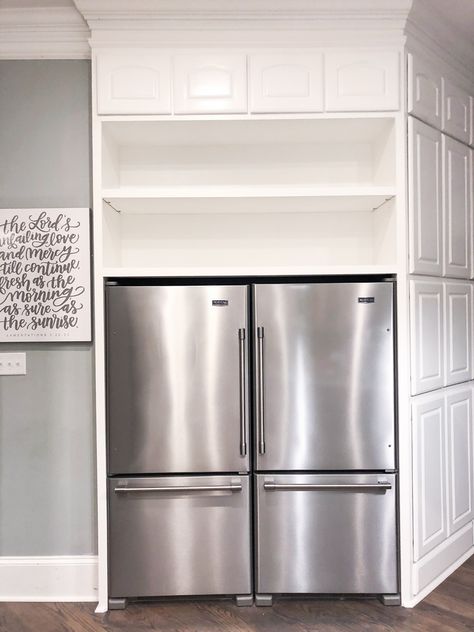 Pantry Build Out - Bower Power 2 Fridges Side By Side, 2 Refrigerators Side By Side, Two Refrigerators Side By Side, Two Refrigerators In Kitchen, Built In Refrigerator Ideas, Pantry Build, Wall Of Cabinets, Big Refrigerator, Double Fridge