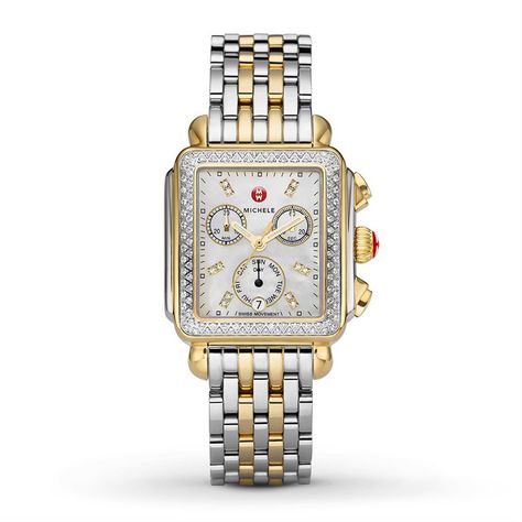 Luxury Designer Michele at Up to 70% Off Retail. Real or Your Money Back. Shop The Luxury Resale Marketplace Made by Women, for Women. Your Fave Brands Coming in Hot Daily. The rectangular case of this Signature Deco Diamond women's watch from MICHELE reflects the geometric shapes identified with Art Deco architecture. Brilliant diamonds surround the mother-of-pearl dial, which has diamond hour markers. A Swiss chronograph and subdial for the day of the week add the finishing touch. The two-tone Michele Watches, Stylish Watches, Two Tone Watch, Pearl Diamond, Women's Watch, Bezel Diamond, Diamond Watch, Rose Gold Diamonds, Stainless Steel Bracelet