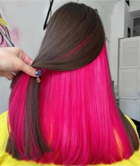 Brown Hair With Bright Red Underneath, Hot Pink Underdye Hair, Dye Under Hair, Hot Pink Underneath Hair, Pink Under Hair, Hot Pink Peekaboo Hair, Red Underdye Hair, Pink Underdye Hair, Highlight Hair Ideas