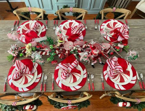 How to Style a Fun Peppermint Tablescape! - Celebrate & Decorate Peppermint Table Decor, Peppermint Tablescape, Peppermint Christmas Decorations, Tablescapes Christmas, Sweet Thoughts, Candy Cane Decorations, Gingerbread Christmas Decor, Peppermint Christmas, Christmas Party Themes