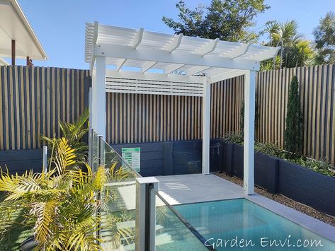 Painted Modern Pergola Painted Pergola, Pool Fencing Landscaping, Pool Entertainment Area, Pool Cabana Ideas, Pool Gazebo, Diy Pergola Kits, Pool Pergola, Cottage Outdoor, Pool Cabanas