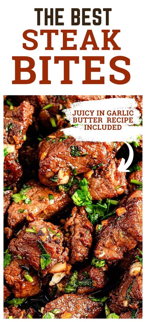 Get ready to dive into these mouthwatering garlic butter steak bites! They're like a flavor explosion with juicy beef and creamy butter goodness all rolled into one. Whether you're hosting a fancy dinner or just chilling at home, these bites are a must-try. Seriously, once you taste them, you won't want to go back to ordinary steak recipes. Trust me, this recipe is a total game-changer! #beefsteakrecipes#healthydinnerrecipes #steakappetizers Bad Batch Baking Garlic Butter Steak Bites, Beef Bits Recipes, Beef Tips Dinner Ideas, Steak Ideas For Dinner Easy, Ideas For Roast Meat, Garlic Herb Steak Bites, Texas Roadhouse Steak Bites, Steak Bites With Garlic Butter Air Fryer, Stake Bites Recipe