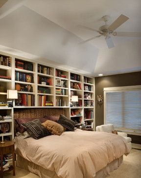 bookshelves around bed, swing arm lamps, nightstands in front of bookshelves (can't do without nightstands) Bed Bridge, Bedroom Shelving, Bookshelves Bedroom, Bedroom Bookshelves, Bedroom Bookshelf, Rooms Bed, Bookshelf Headboard, Library Bedroom, Bookshelves In Bedroom