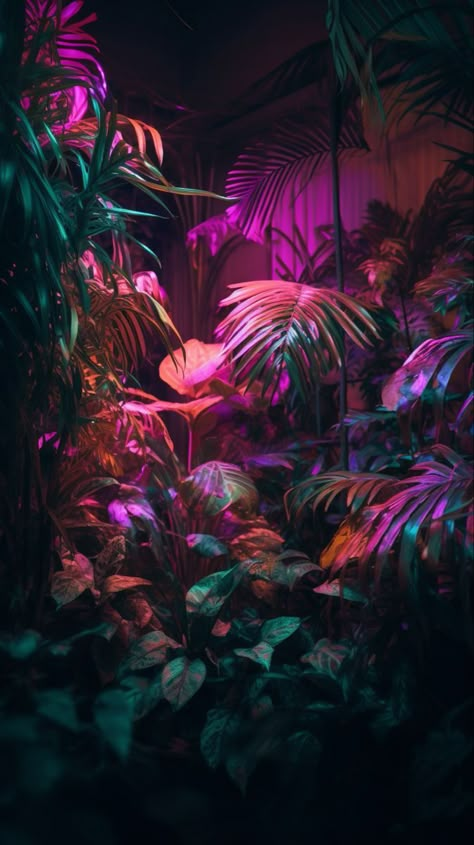 Neon Jungle Theme Party, Neon Plants Wallpaper, Pink Jungle Aesthetic, Neon And Plants, Tropical Nightclub, Tropical Goth Aesthetic, Neon Jungle Aesthetic, Tropical Neon Party, Tropigoth Aesthetic