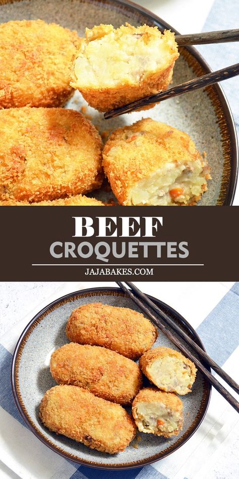 These Beef Croquettes are crispy on the outside with creamy and soft interior. Whether eaten hot or cold, these croquettes are a guaranteed crowd pleaser. Beef Croquettes Recipe, Dutch Croquettes, Beef Croquettes, Beef Pot Pie Recipe, Potato Croquette Recipe, Veggie Cakes, Snack Display, Beef Pot Pies, Croquettes Recipe