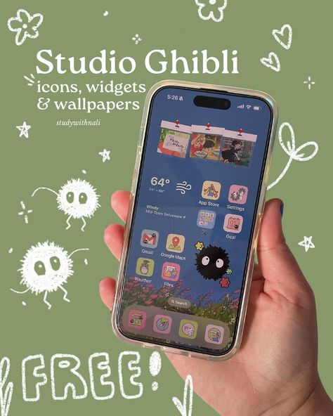 My Studio Ghibli iPhone layout 🌱📱 I spent almost two hours updating my iPhone layout, but I’m obsessed with how it turned out!! I found these free app icons, widget photos, and wallpapers from wallpapers-clan.com  🤍 My phone was a hot mess and not functional at all–now I LOVE how it looks 🥹🌱 💭 Let me know if you have questions 🫶🏻 #appicon #studioghibli #phonesetup #desksetup Free Phone Icons, Iphone Aesthetic Homescreen Layout, Studio Ghibli Ipad Layout, Wallpaper Iphone Ghibli, Ghibli Homescreen Layout, Studio Ghibli Iphone Layout, Studio Ghibli Phone Layout, Cute Iphone Aesthetic, Ghibli Ipad Wallpaper