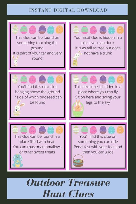 Easter Egg Scavenger Hunt Clues, Outdoor Scavenger Hunt Clues, Holiday Theme Food, Easter Scavenger Hunt Clues, Easter Egg Hunt Games, Egg Hunt Clues, Easter Egg Scavenger Hunt, Easter Egg Hunt Clues, Easter Treasure Hunt