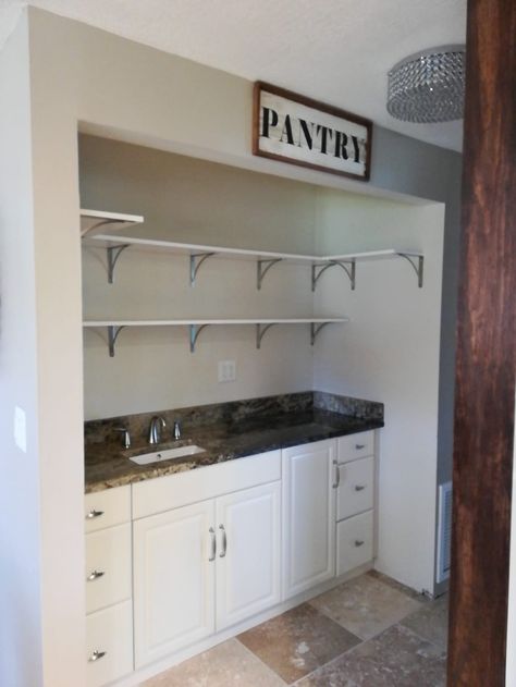 Converted laundry closet to pantry/coffee bar using  bathroom vanity, which was updated. Convert Closet To Pantry, Closet To Pantry Convert, Basement Sink, Closet To Pantry, Pantry Coffee Bar, Converted Closet, Pantry Closet Design, Diy Pantry Organization, Cute Bathroom Ideas