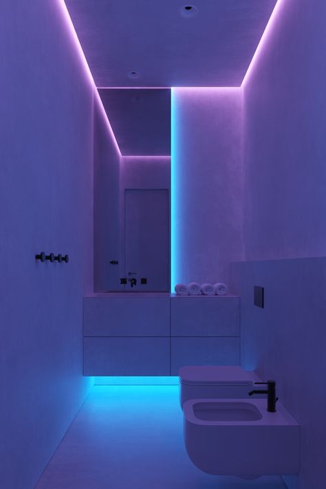 ak3h on Behance Futuristic Home Interior, Cinema Interior, Vaporwave Room, Cyberpunk Interior, Airstream Interior, Bathroom Retreat, Bathroom Design Decor, Minimalist House Design, Cute Bedroom Decor