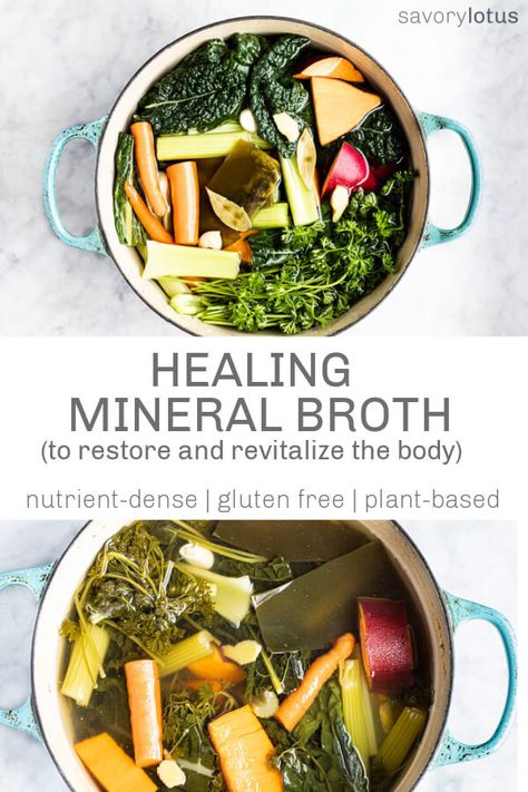 A simple recipe for a comforting and nourishing healing mineral broth that can be sipped on its own or used in soups and stews to restore and revitalize the body. A true medicinal tonic. #broth #mineralbroth #plant-based #soup #stock #savorylotus Healing Broth Recipes, Mineral Broth Recipe, Gut Healing Vegetable Broth, Healing Vegetable Broth, Simple Bone Broth Recipe, Biome Broth Recipe, Best Vegetable Broth Recipe, Natural Antibiotic Soup, Vegetarian Bone Broth