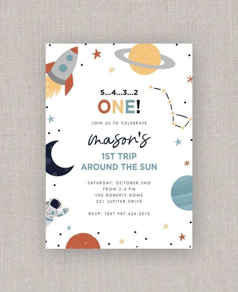 Editable First Trip Around the Sun Space Birthday Invitation Template: Instant Download #RoyalCelebration #BirthdayGoals First Birthday Theme Boy, Space Themed Birthday Party, Space Themed Birthday, Two The Moon, Sun Space, Space Birthday Invitation, Boys First Birthday Party Ideas, Boys 1st Birthday Party Ideas, First Trip Around The Sun