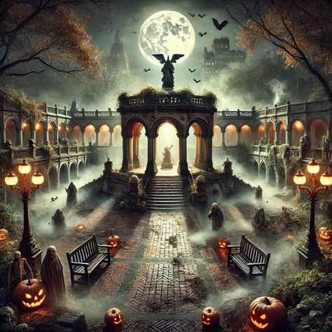 Immerse yourself in the dark Halloween dereliction of US city New York with this exquisite artwork. This piece vividly captures an almost post apocalyptic America adorned with flickering jack-o'-lanterns, hanging lanterns, and intricate cobwebs, set against a backdrop of traditional city scenery (artistic license taken in terms of positioning of landmarks). A full moon casts an eerie, magical glow over the dark festivities. These meticulously detailed artworks evoke the timeless spirit of a dark Halloween Scenery, City Scenery, New York Central Park, Halloween City, Lanterns Hanging, Forbidden Forest, Dark Halloween, Ville New York, New York Central