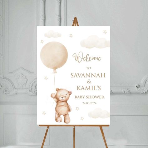 Baby Shower Party Welcome Sign Welcome to Baby Sign print poster Large Welcome Sign, Foamboard Teddy Bear Beige Gold neutral Gender by LacunaDesignOnline on Etsy Baby Shower Poster Board Ideas, Large Welcome Sign, Welcome Home Decorations, Gender Neutral Decor, Brown Theme, Party Welcome Sign, Gender Party, Baby Shawer, Poster Display