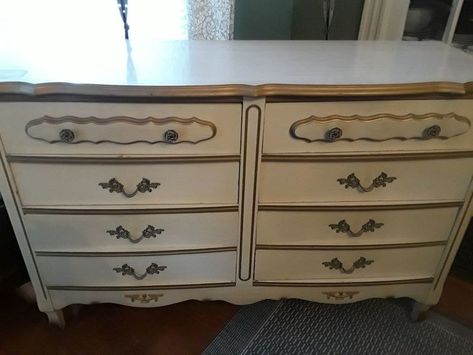 q how do i rehab a laminate topped french provincial dresser Black French Provincial Bedroom, How To Paint French Provincial Furniture, Painted French Provincial Dresser, Painting Formica, French Provincial Bedroom Set, Drawer Repair, French Provincial Dresser Makeover, Plastic Dresser, French Provincial Bedroom